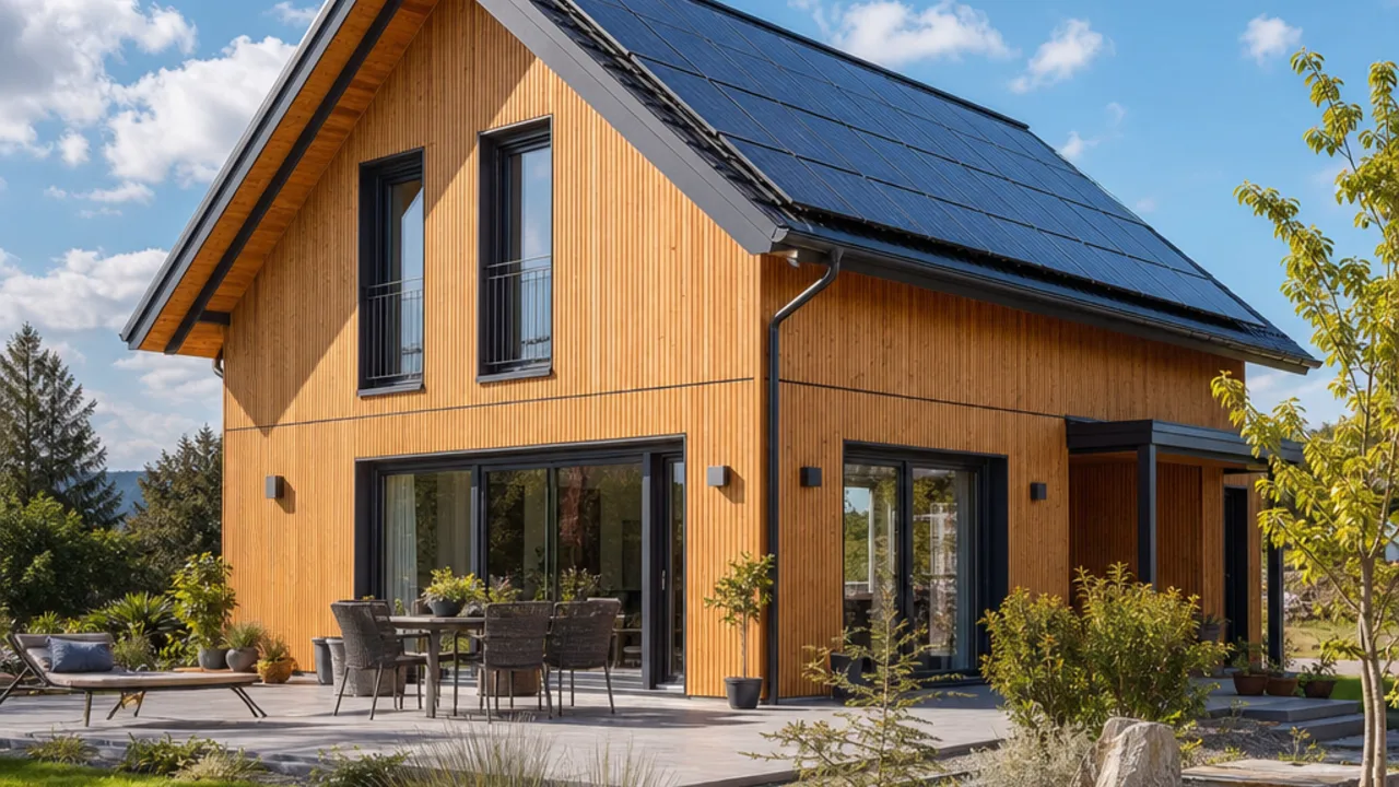 Fertigholzhaus-Vorschau: Holzrahmenbau mit Satteldach Fertigholzhaus-Vorschau: Holzrahmenbau mit Satteldach