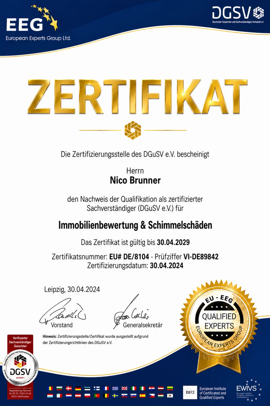 DGSV-Zertifikat: unser Sachverständiger, zertifizierter Sachverständiger für Immobilienbewertung und Schimmelschäden