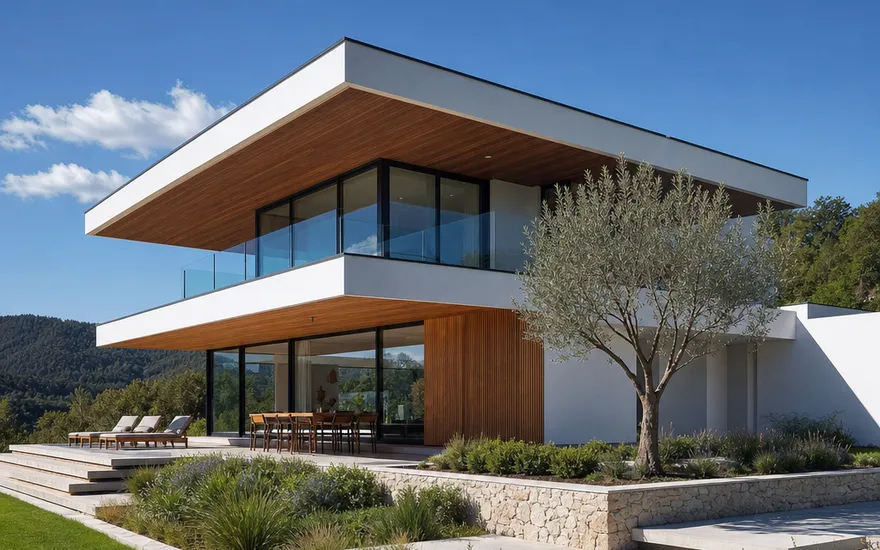 Design-Fertighaus im Bauhausstil: weiße kubische Architektur mit Holzakzenten und auskragendem Flachdach