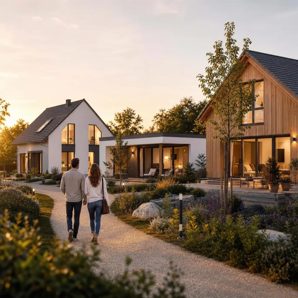Musterhaus-Ausstellung mit modernen Fertigholzhäusern verschiedener Anbieter – Holzrahmen-, Blockhaus- und Massivholz-Bauweise im Abendlicht