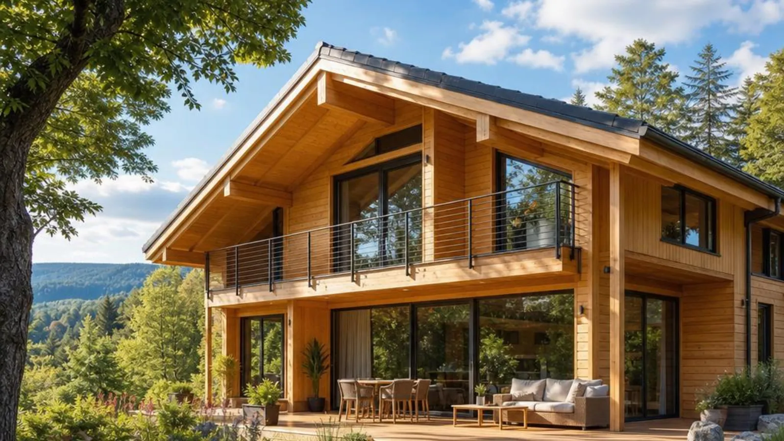 Schönes Fertigholzhaus mit natürlicher Holzfassade inmitten grüner Natur und Bäume bei Sonnenschein – Holzbau-Inspiration auf Fertigholzhaus