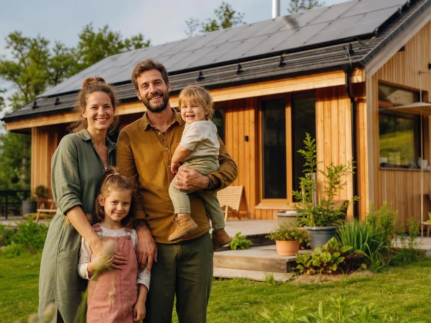 Junge Familie mit zwei Kindern vor ihrem ökologischen Fertigholzhaus mit natürlicher Holzfassade und Photovoltaik auf dem Dach im grünen Garten
