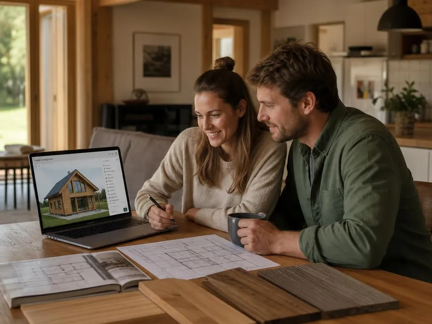 Paar plant sein Fertigholzhaus am Holztisch: 3D-Konfigurator am Laptop, Grundrisse und Holz-Materialproben unter sichtbaren Holzbalken