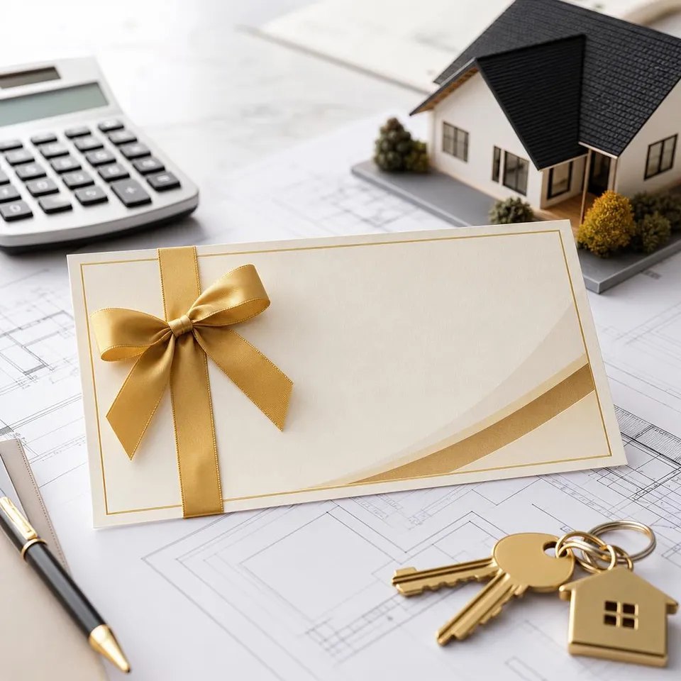 Gutschein auf Kostenplan mit Taschenrechner, Hausschlüsseln und Holzhaus-Modell – Gutschein für eine Kosten- und Budgetberatung beim Holzhaus