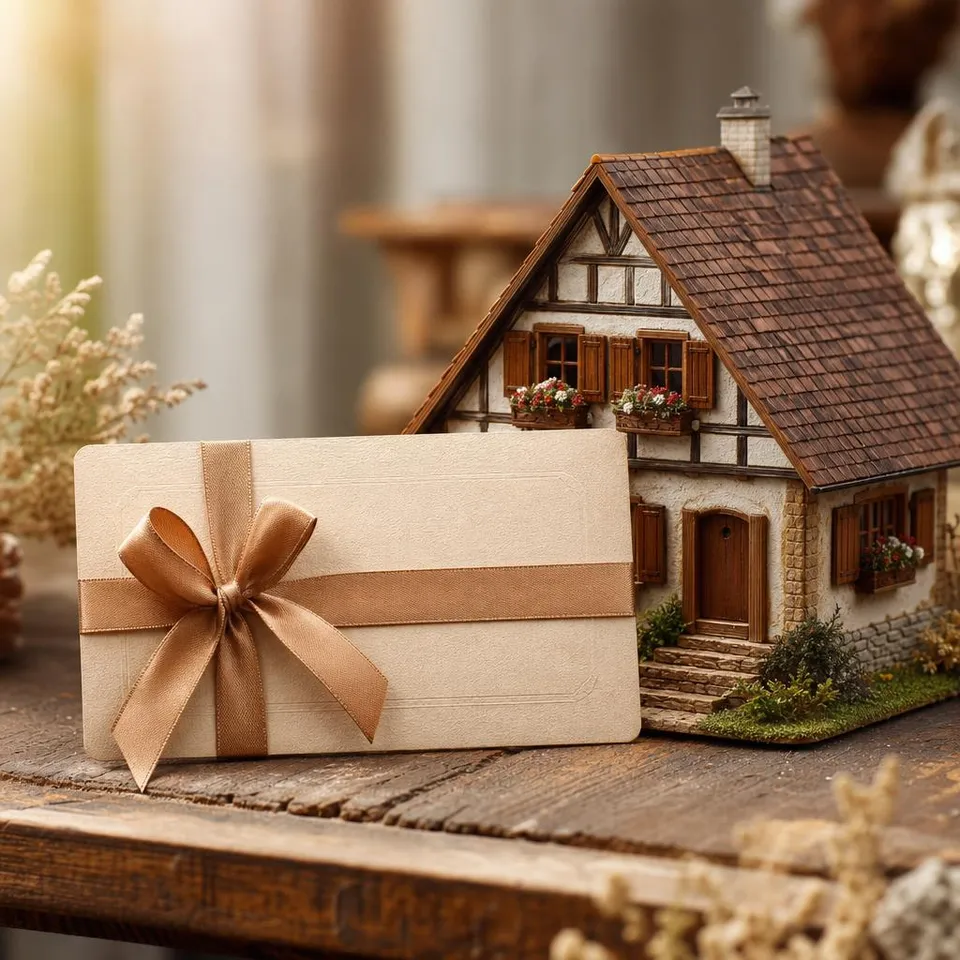 Gutschein mit Schleife neben Blockhaus-Modell mit sichtbaren Vollholzwänden und Fensterläden – Stil-Gutschein für ein Holzhaus im Landhausstil