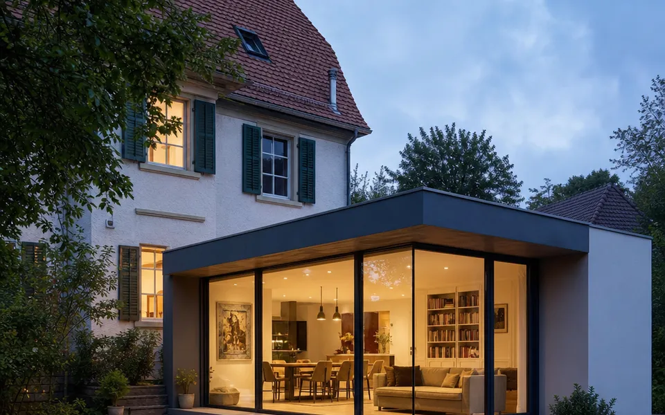 Moderner Flachdach-Anbau mit breiter Glasfront erweitert ein Bestandshaus zur Gartenseite – Modulanbau mit planbaren Kosten 2026