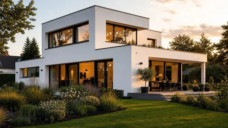 Kubisches Haus im Bauhausstil mit Flachdach, weißem Putz und raumhohen Glasflächen – Fertighaus im Bauhausstil 2026