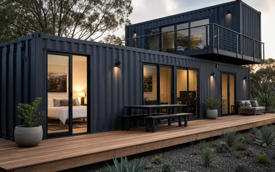 Containerhaus mit anthrazitfarbener Wellblechfassade, Holzdeck und Glasschiebetür im Industrial-Look – Kosten 2026
