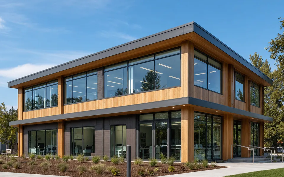 Zweigeschossiges Bürogebäude in Holz-Hybrid-Bauweise mit Fassade aus Holz und Glas – Gewerbebau zum Festpreis 2026