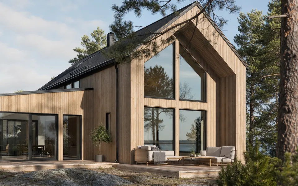 Skandinavisch anmutendes Holzhaus mit naturheller Holzfassade und großen Fenstern inmitten von Kiefern – Holzbau-Preise pro m² 2026