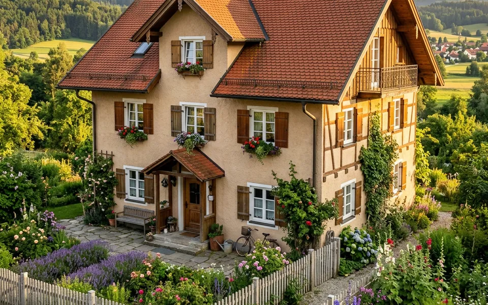 Landhaus mit Satteldach, Sprossenfenstern, Fensterläden und Bauerngarten – Fertighaus im Landhausstil 2026 im Blick