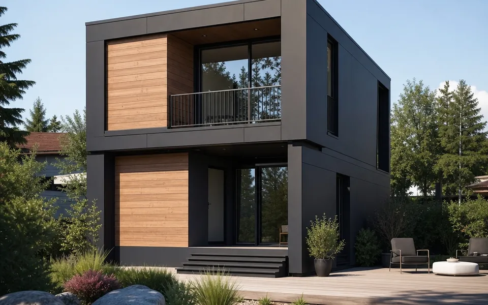 Kubisches Modulhaus aus zwei aufeinandergesetzten Raummodulen mit Fassade in Anthrazit und Holz sowie kleinem Garten – Modulhaus-Preise 2026