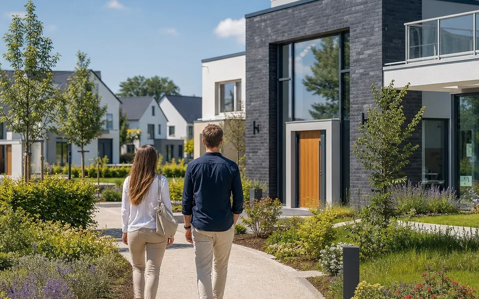 Paar geht im Musterhauspark auf ein modernes Ausstellungshaus zu – die Musterhaus-Besichtigung vorbereiten 2026