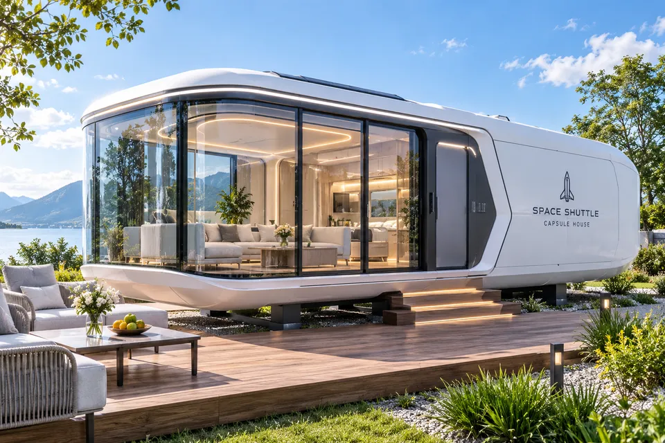 Space Capsule Tiny House mit Panoramaverglasung und Holzterrasse am See – futuristisches Capsule House (Visualisierung)