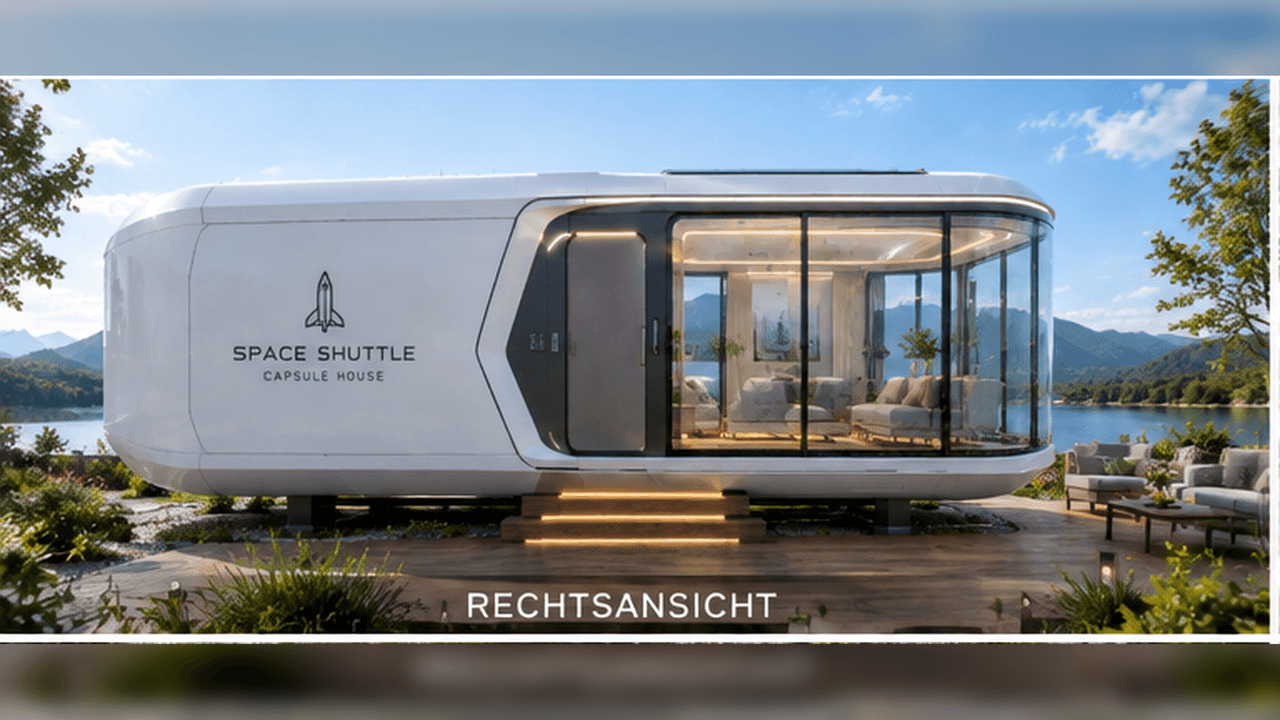 Space Capsule Tiny House rechte Seitenansicht – verglaster Wohnbereich in futuristischer Kapselhülle (Visualisierung)