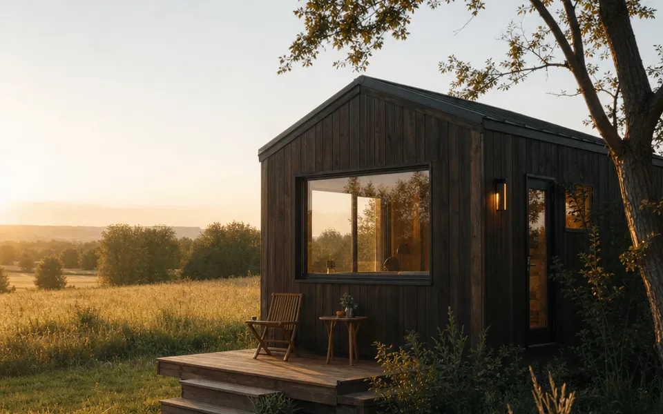 Tiny House mit dunkler Holzfassade, breitem Fenster und kleiner Holzterrasse auf der Wiese – Minihaus-Preise 2026