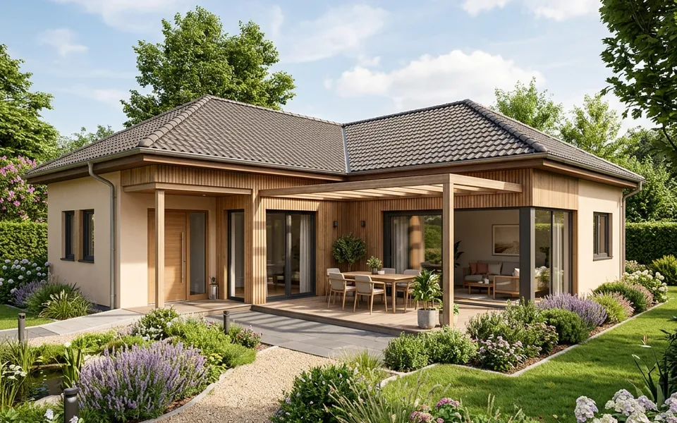 Winkelbungalow in L-Form mit Walmdach und windgeschützter Terrasse zwischen den beiden Flügeln – ebenerdig wohnen 2026