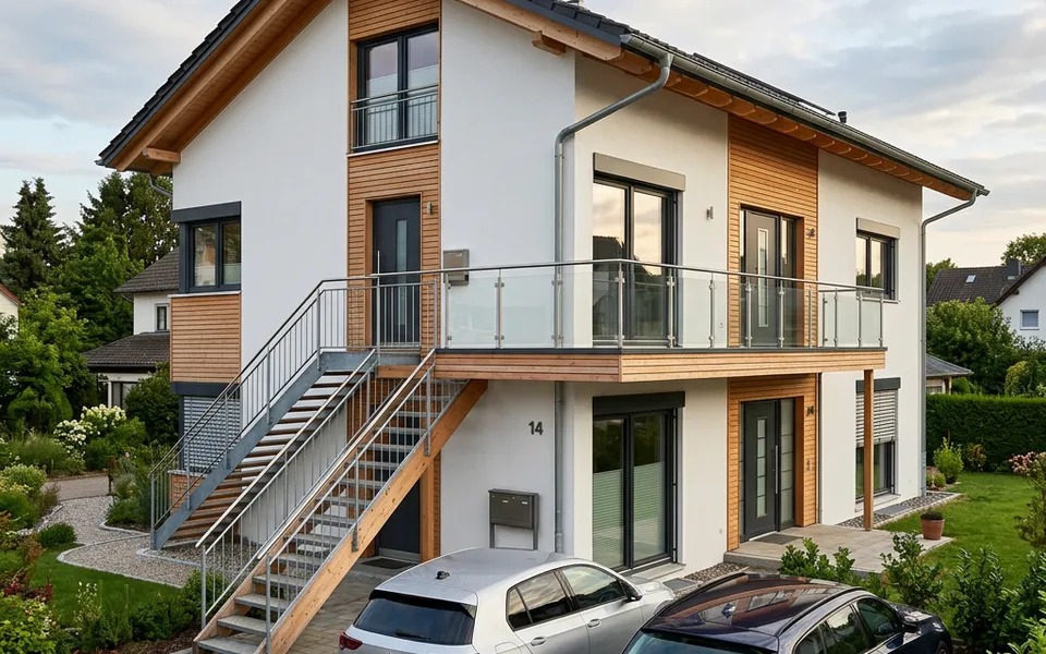 Zweifamilienhaus mit zwei Vollgeschossen, zwei Eingängen und Außentreppe – je Etage eine Wohnung 2026