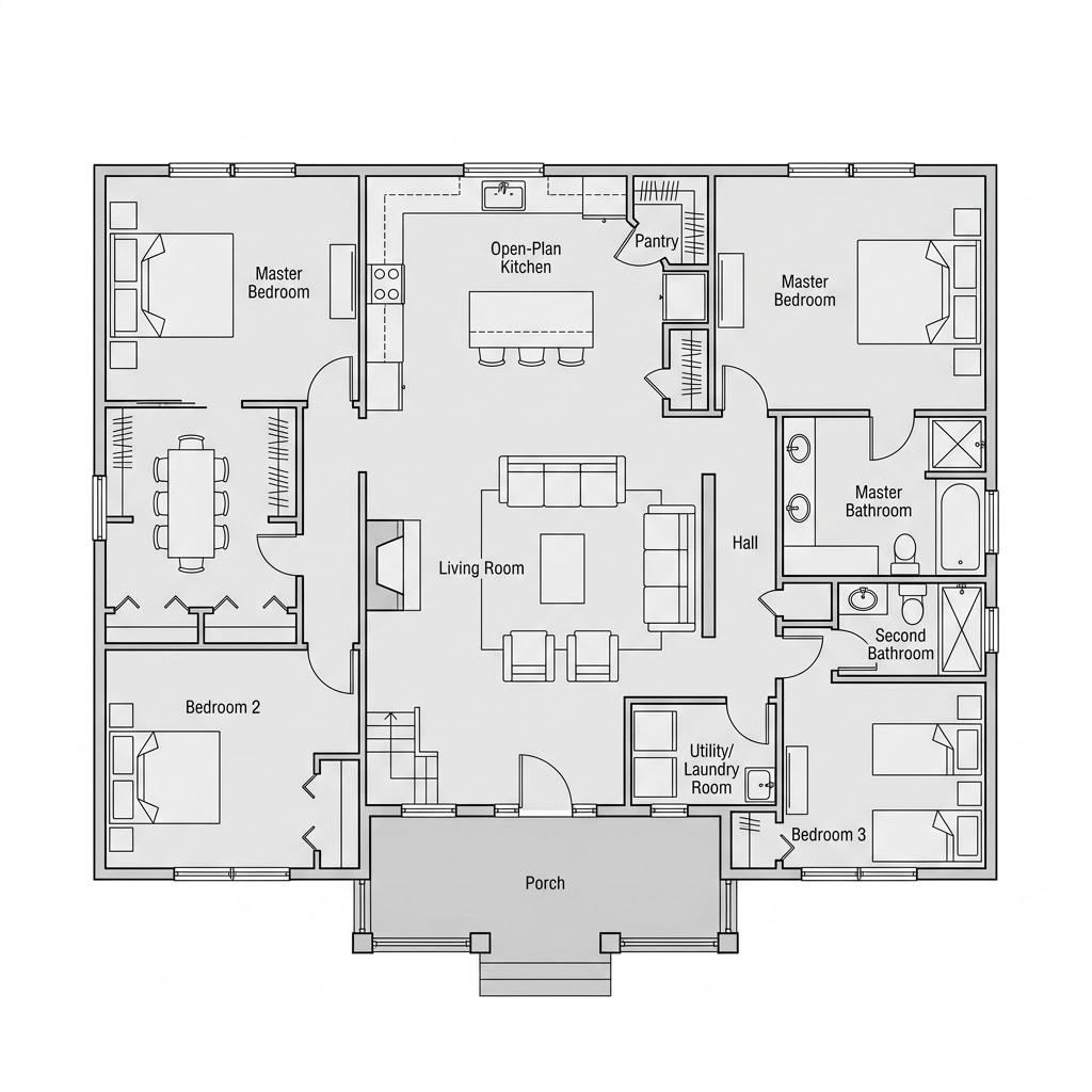 Grundriss Boston – 124 m² Amerikanisches Haus mit 8 Zimmern