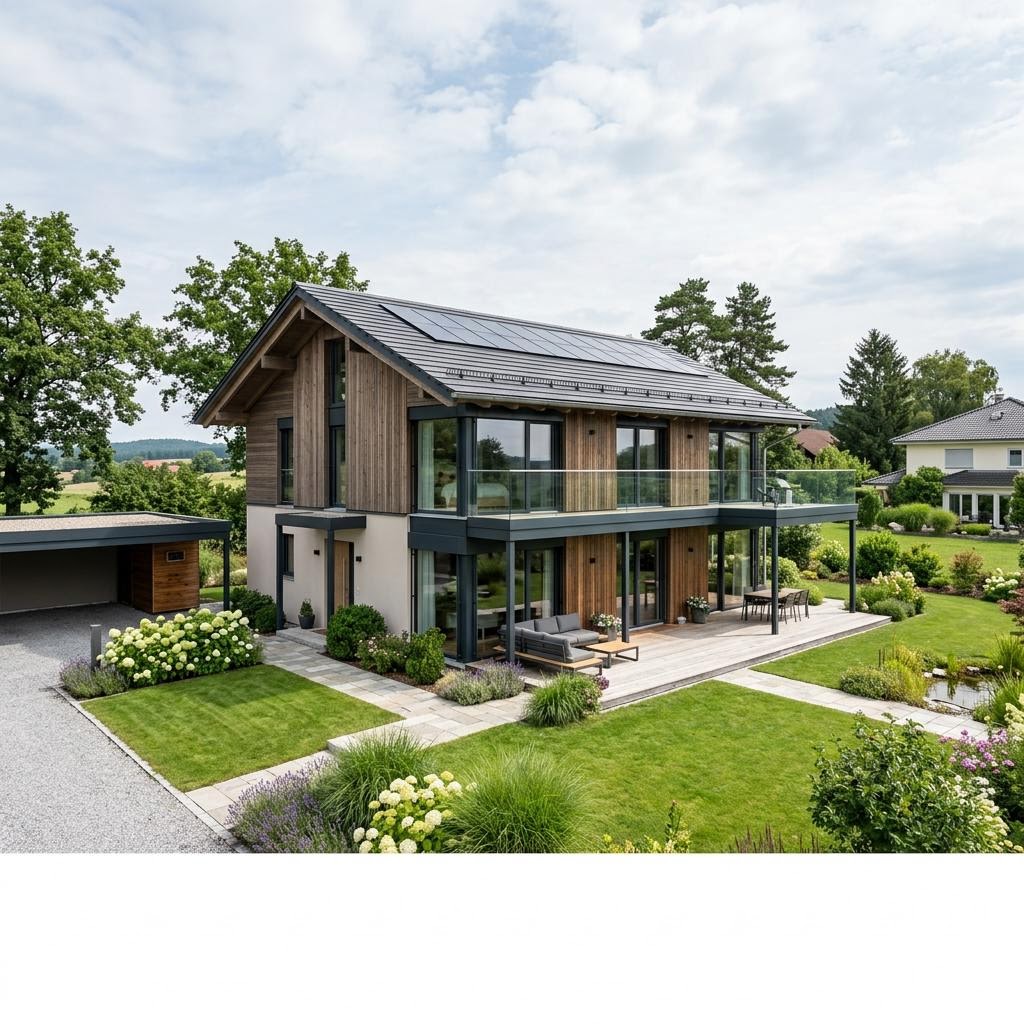 Fertigholzhaus Süddeutschland: modernes Holzhaus im Alpenstil als Neubau, Beispielmotiv für die Region