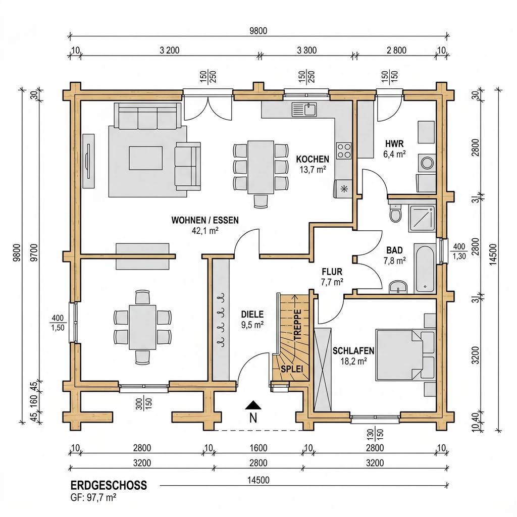 Grundriss Holzhaus Kubus 142 – 142 m² Holzhaus mit 5 Zimmern