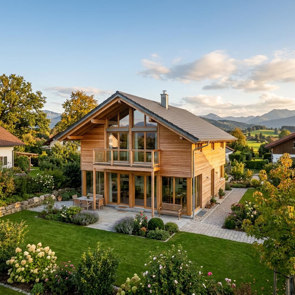 Ökologisches Holzhaus Voralpen 162 von baufritz mit Satteldach und großen Fensterflächen