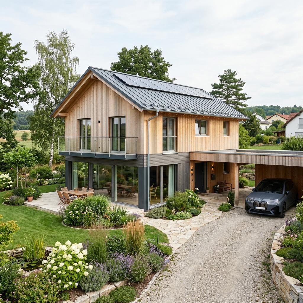 Luxusvilla Ökovilla Terra 198 von Baufritz mit Satteldach und begrünter Fassade