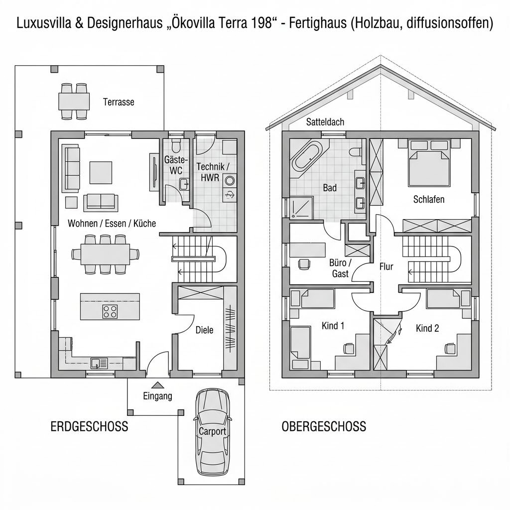 Grundriss Ökovilla Terra 198 von Baufritz — 198 m², 6 Zimmer