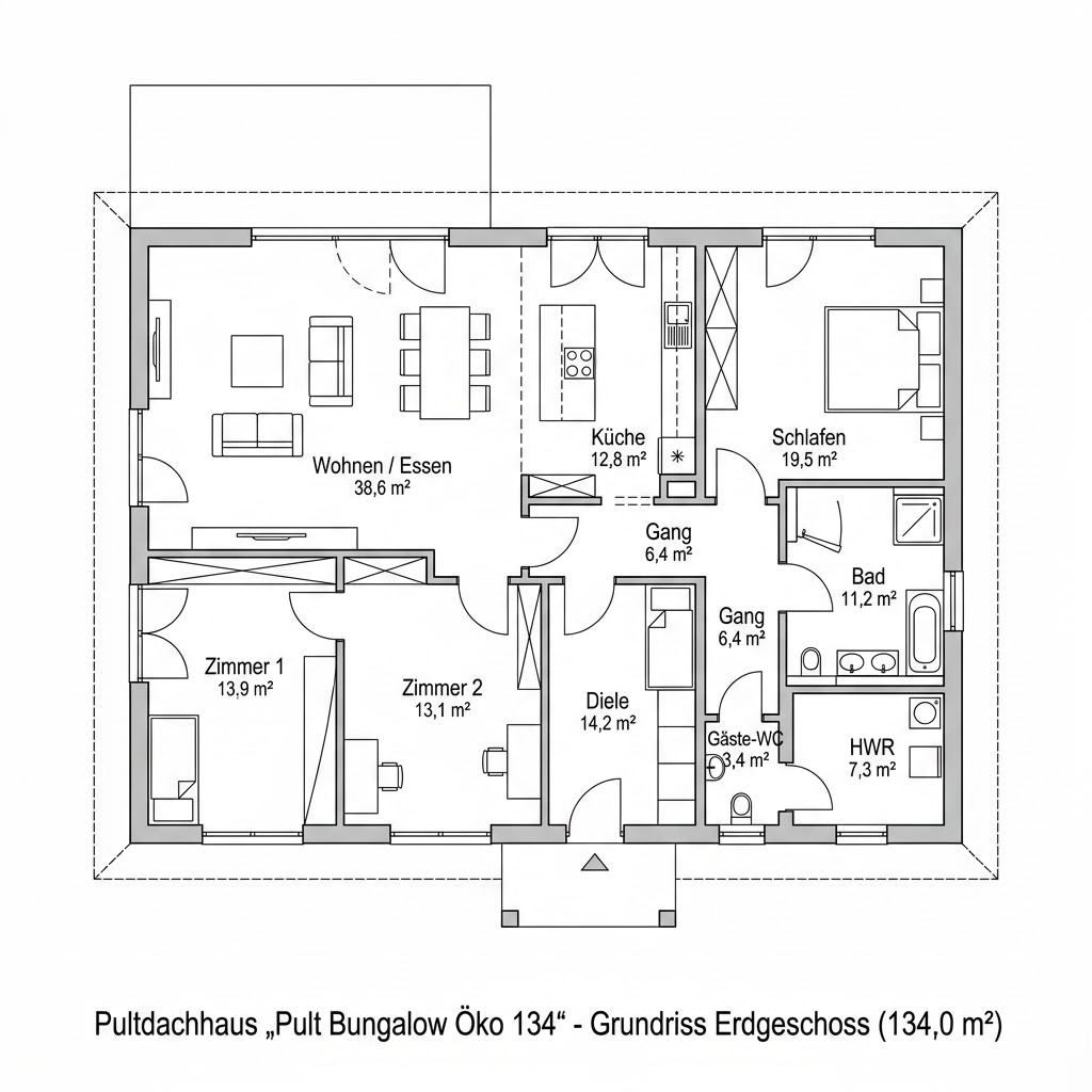 Grundriss Pult Bungalow Öko 134 von Baufritz — 134 m², 4 Zimmer