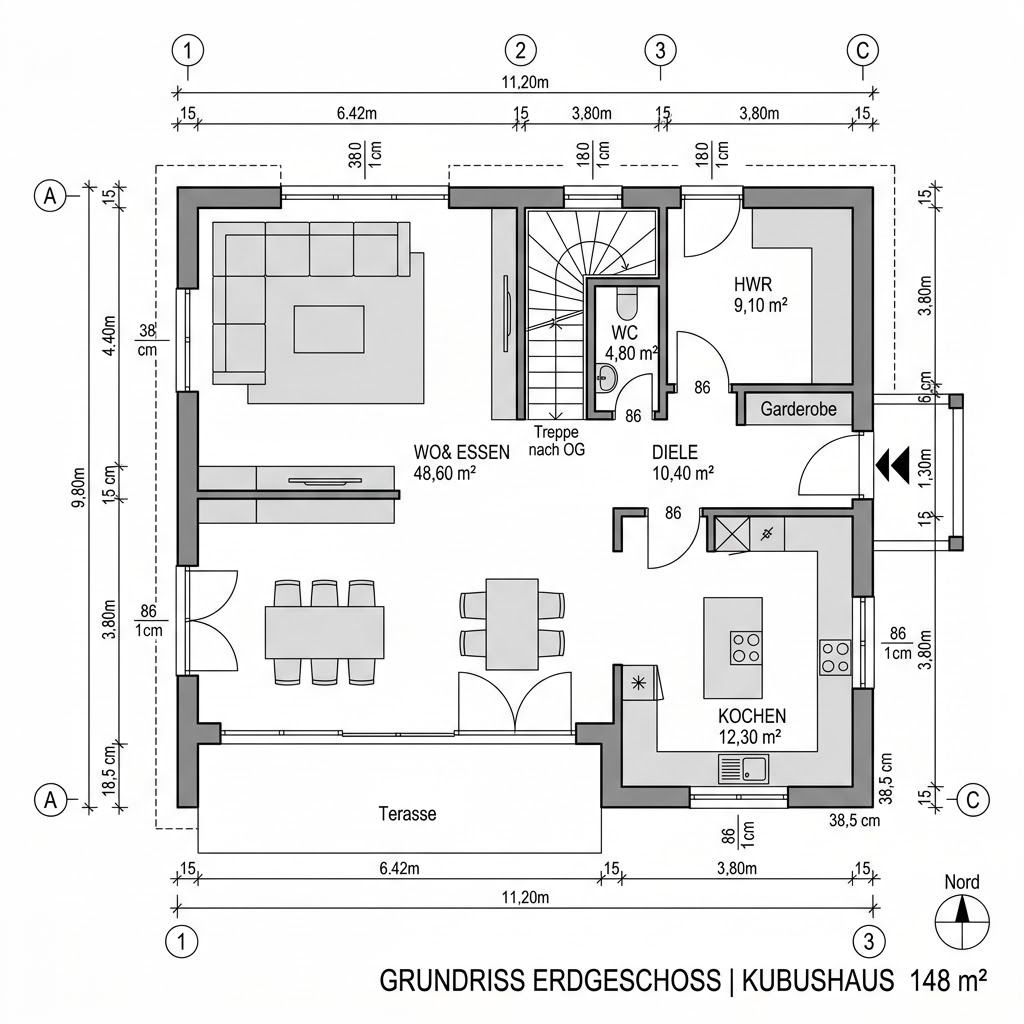 Grundriss Kubushaus Concept 148 – 148 m² Kubushaus mit 4 Zimmern