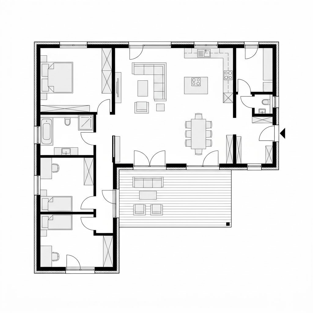 Grundriss Winkelbungalow Purea 130 – 130 m² Winkelbungalow mit 4 Zimmern