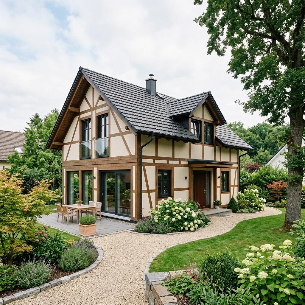 Landhaus Fachwerk 146 von Büdenbender Hausbau mit sichtbarem Fachwerk und Satteldach