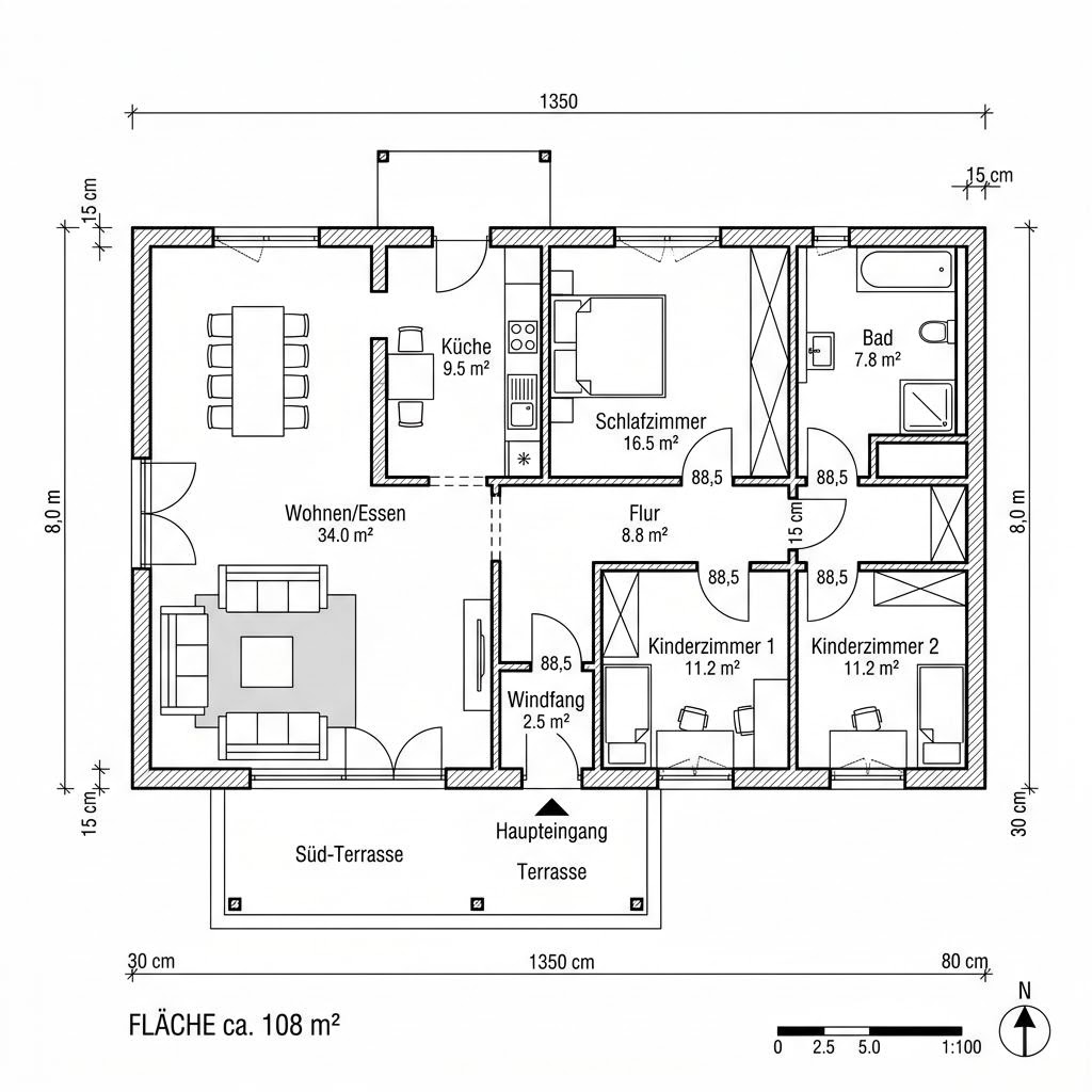 Grundriss Öko Bungalow 108 von Beilharz Haus — 108 m², 4 Zimmer