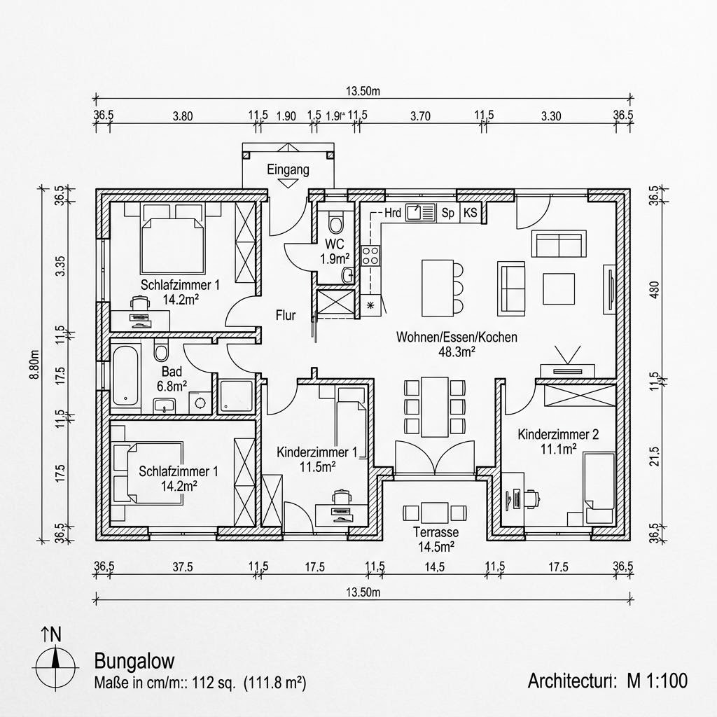 Grundriss Bungalow Chiemgau 112 von Chiemgauer Holzhaus — 112 m², 4 Zimmer