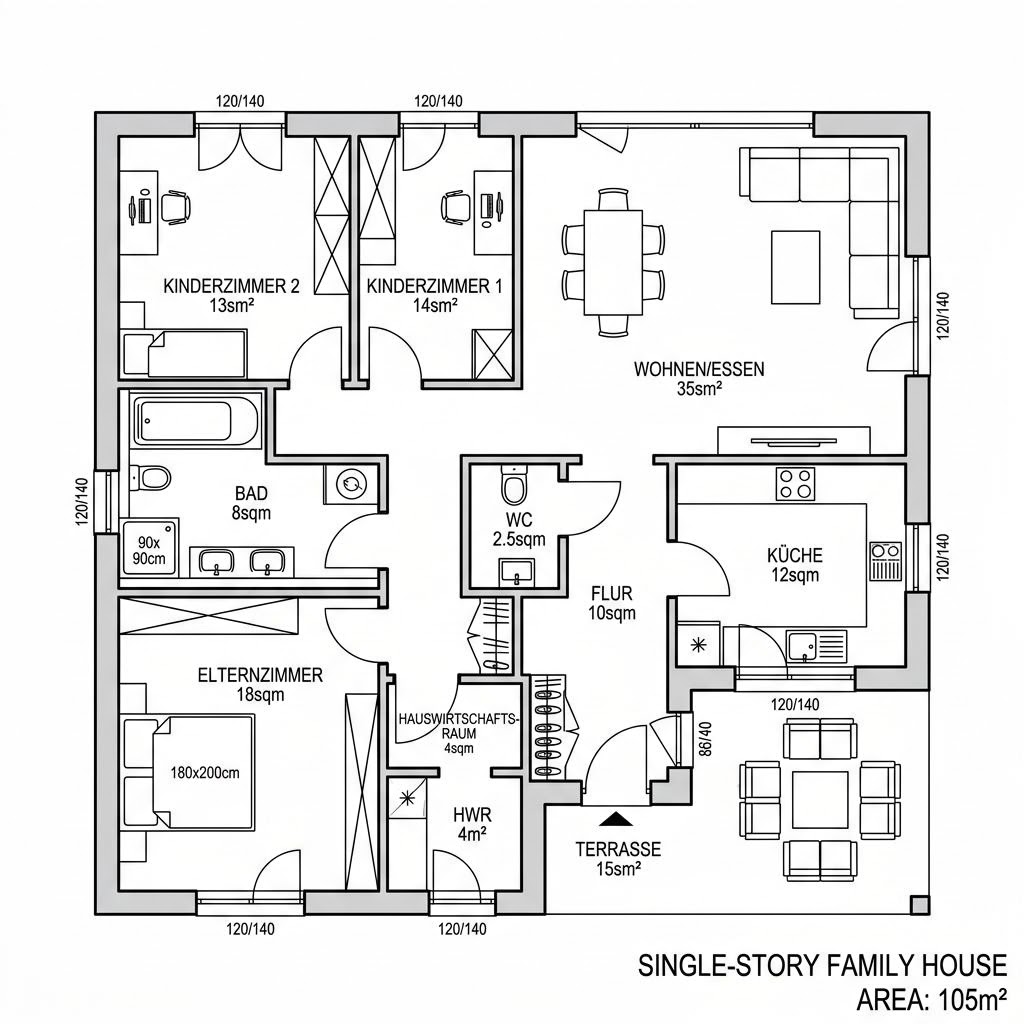 Grundriss Bungalow Simssee 105 von Chiemgauer Holzhaus — 105 m², 3 Zimmer