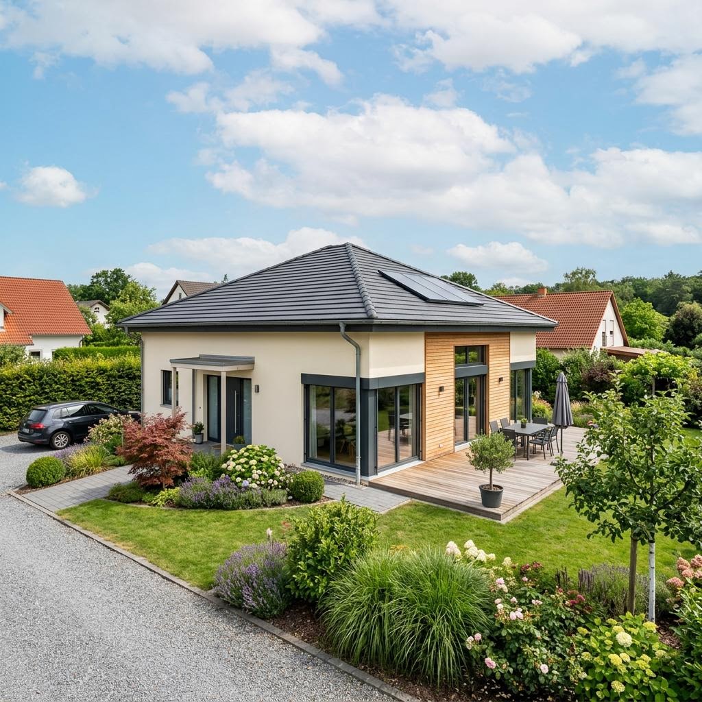 Bungalow Charakterhaus 118 von Fertighaus WEISS — ebenerdiges Holzfertighaus mit Walmdach