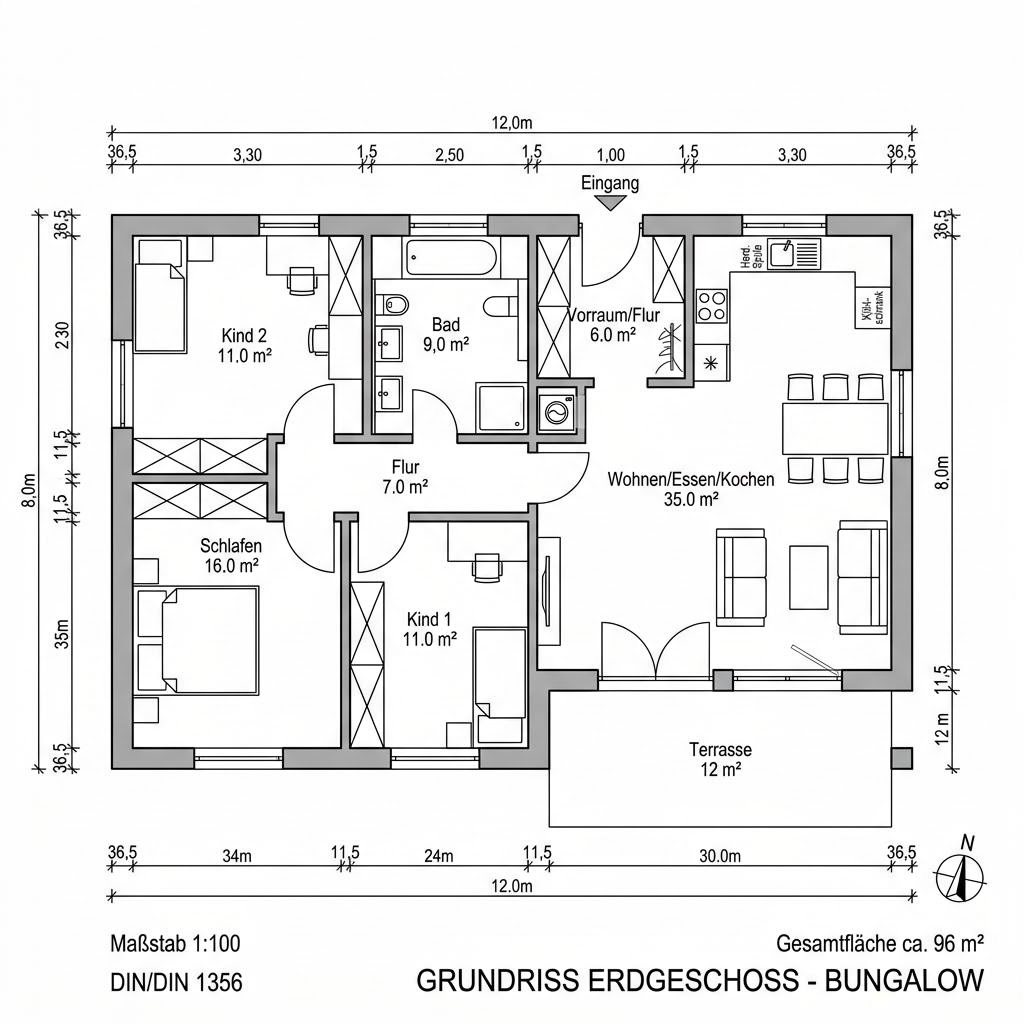 Grundriss Bungalow 96 von Genböck Haus — 96 m², 3 Zimmer