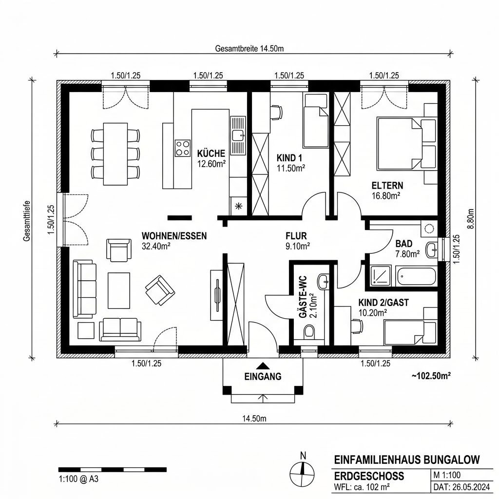 Grundriss FlexHome FH 102 von Haas Fertigbau — 102 m², 3 Zimmer