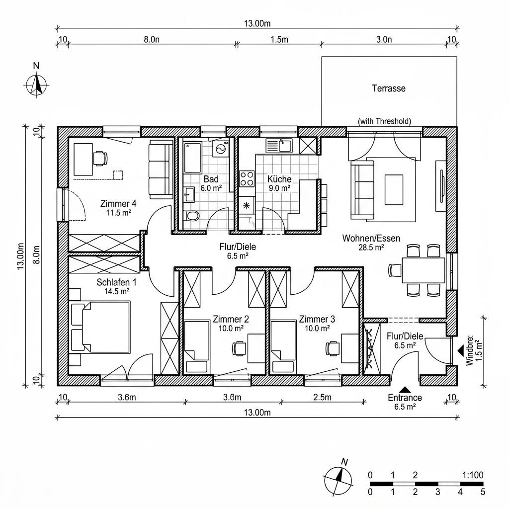 Grundriss Bungalow 104 von Hanlo Haus — 104 m², 4 Zimmer