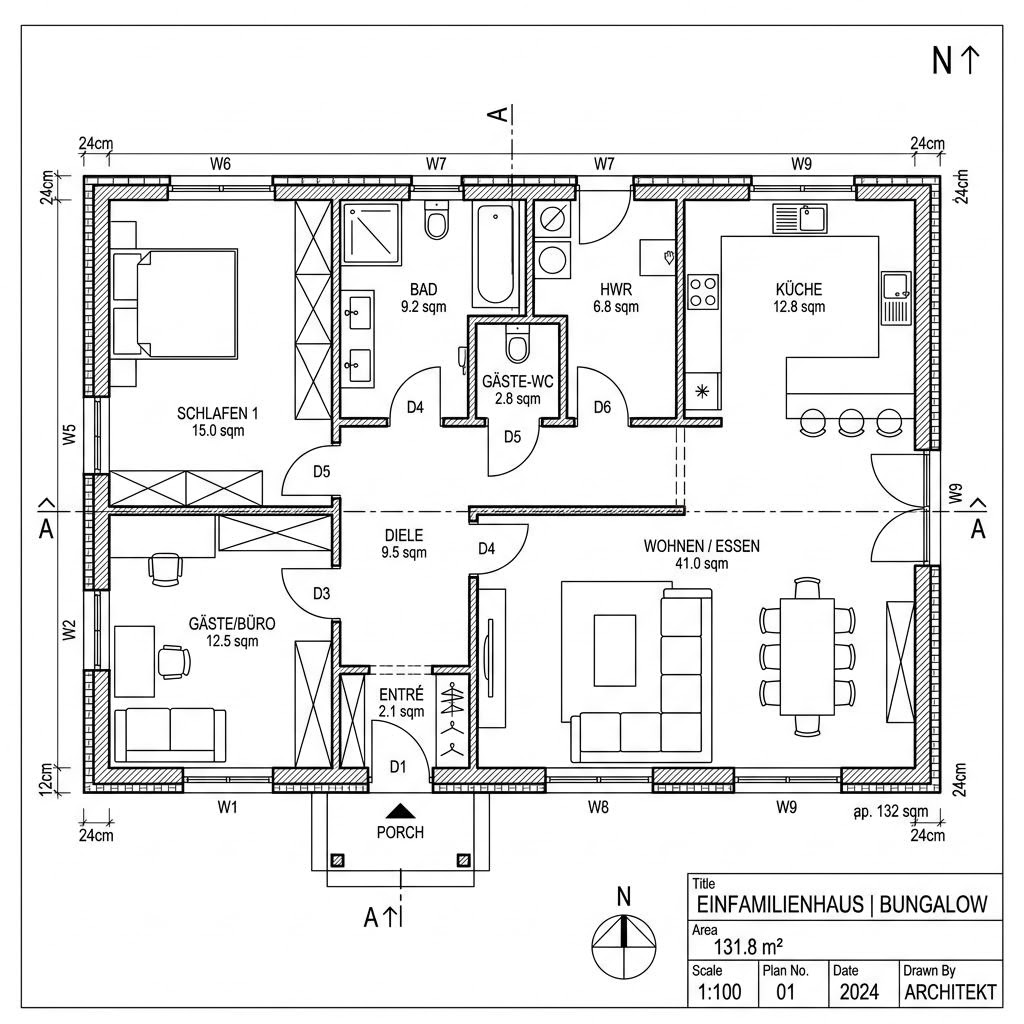 Grundriss Bungalow 132 von Hanlo Haus — 132 m², 4 Zimmer