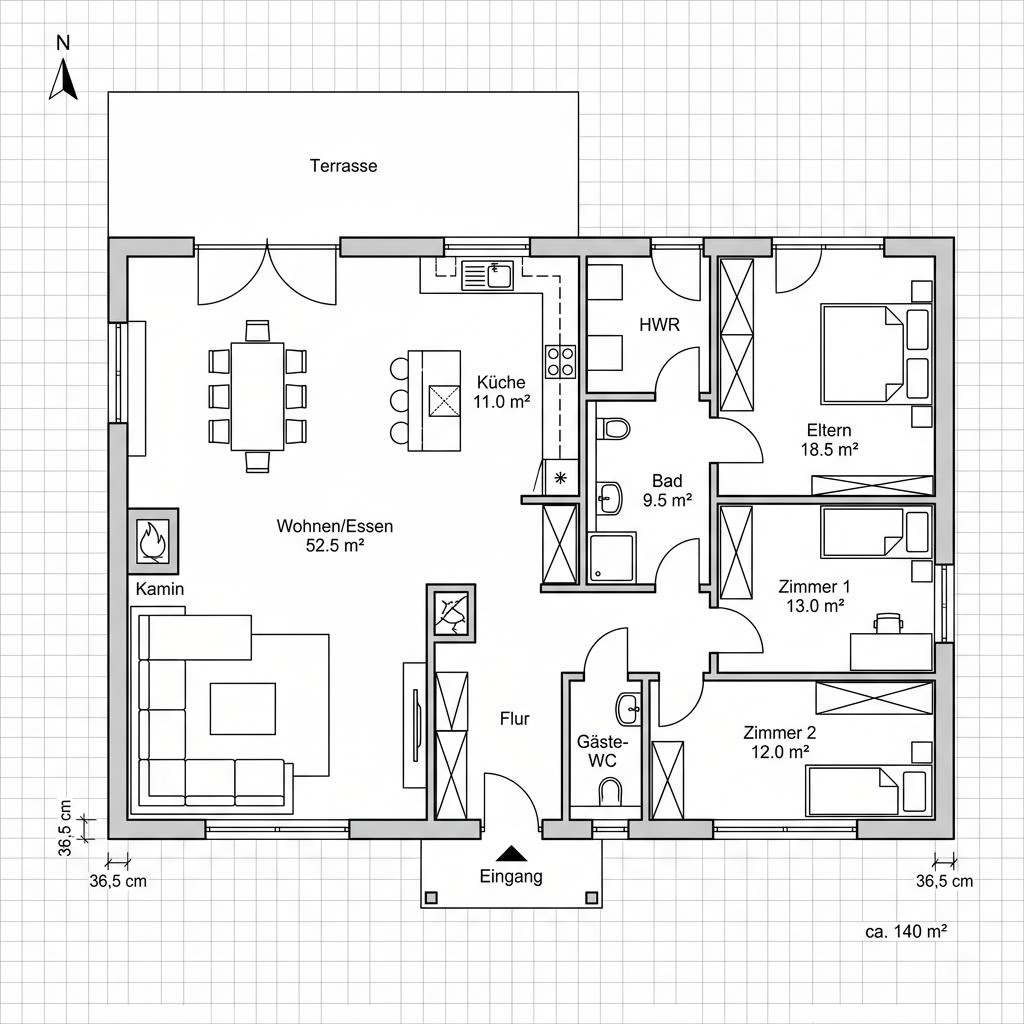 Grundriss Bungalow 140 von Hartl Haus — 140 m², 4 Zimmer