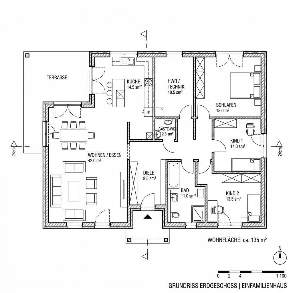 Grundriss Pult Bungalow Solar 135 von Kitzlinger Haus — 135 m², 4 Zimmer