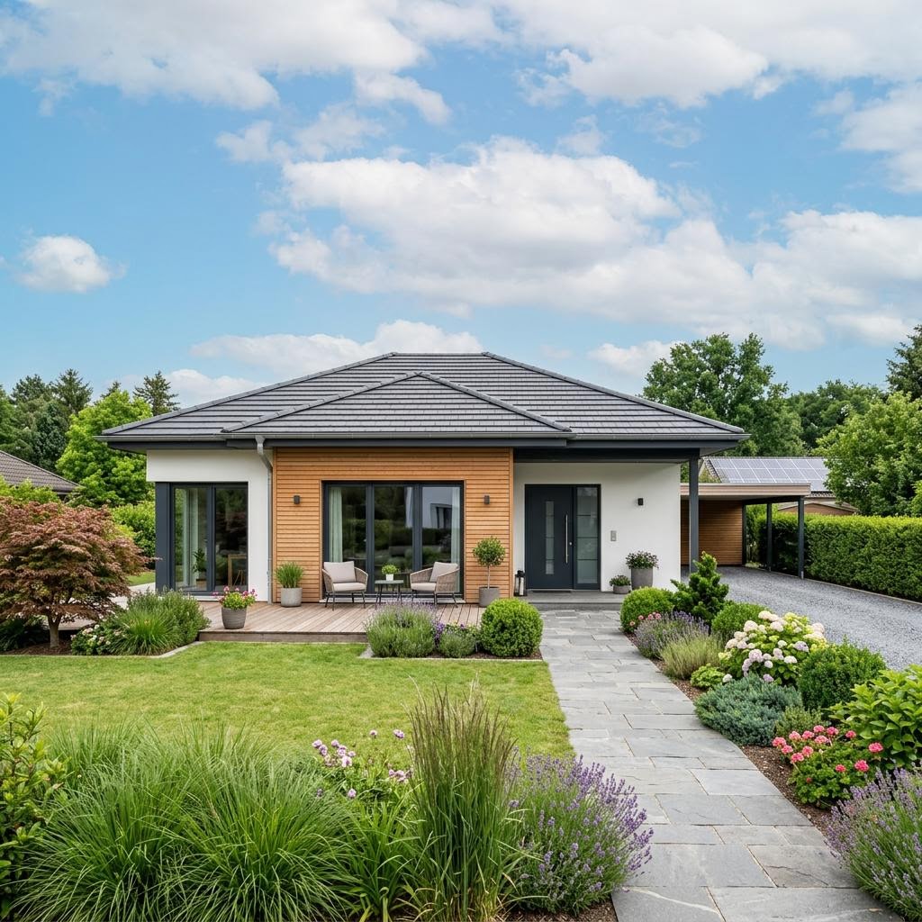 Bungalow Vita 122 von OKAL Haus — Holztafelbau mit Walmdach und rund 122 m²