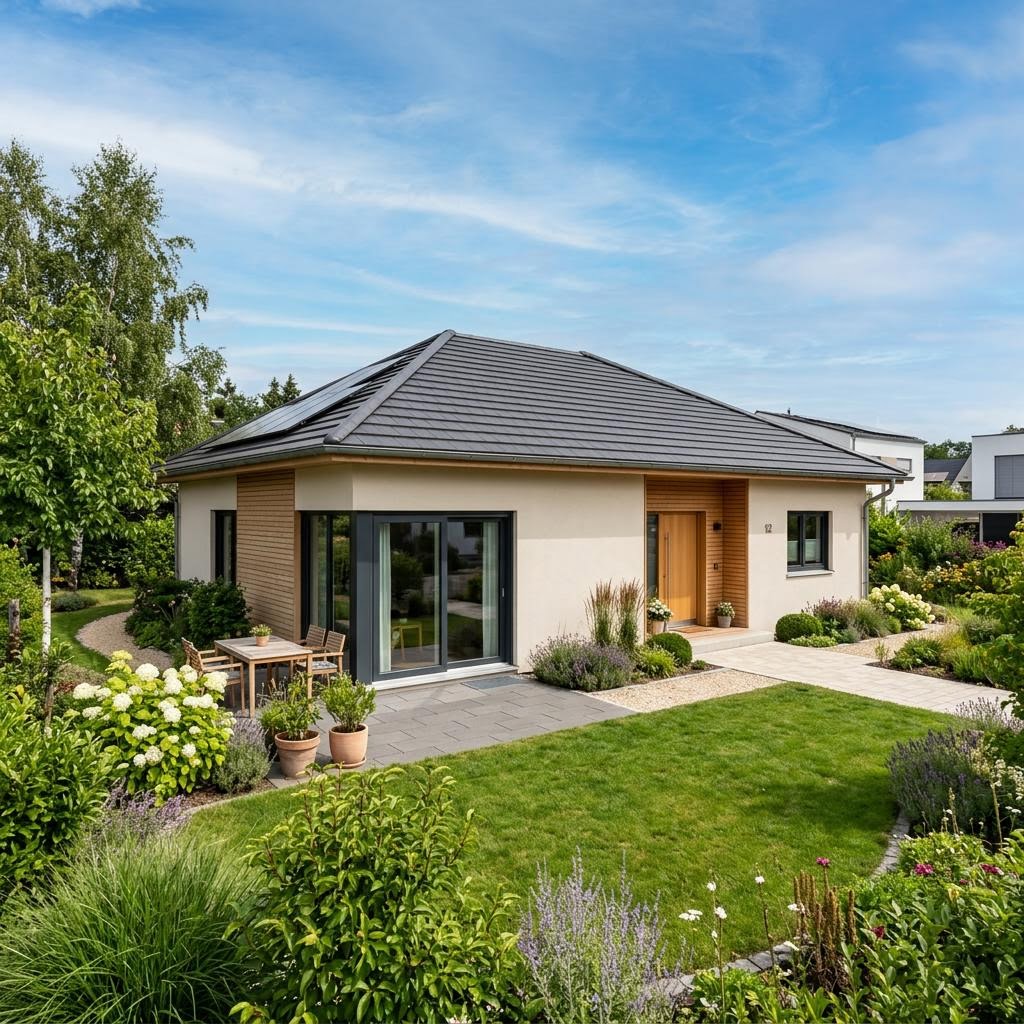 Bungalow SH 105 L von ScanHaus Marlow — gewinkeltes Fertighaus auf einer Ebene mit 105 m²