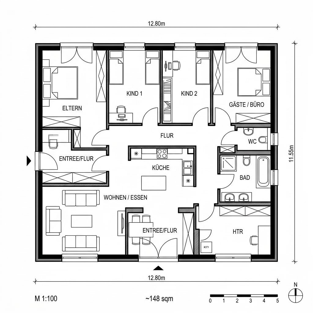 Grundriss Bungalow 148 von TALBAU-Haus — 148 m², 5 Zimmer