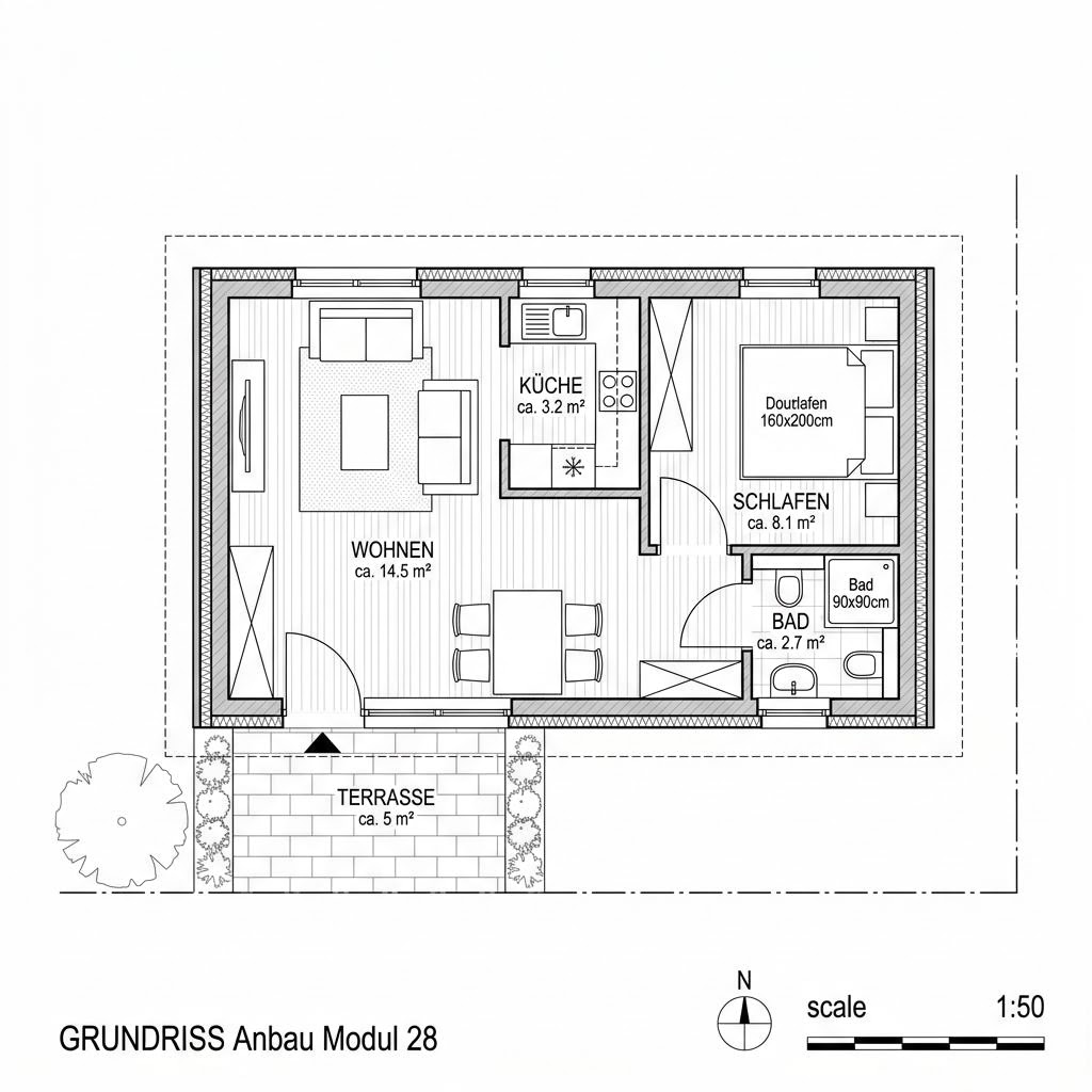 Grundriss Anbau Modul 28 von CABIN ONE — 28 m², 1 Zimmer
