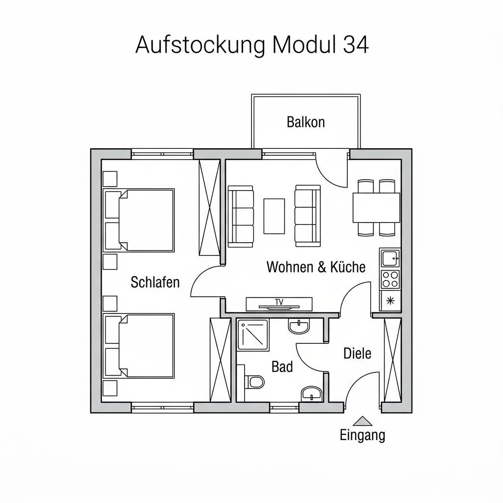 Grundriss Aufstockung Modul 34 von CABIN ONE — 34 m², 2 Zimmer