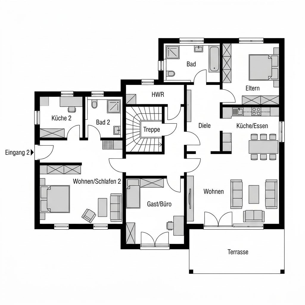 Grundriss Familienhaus 210 – 210 m² Mehrgenerationenhaus mit 8 Zimmern