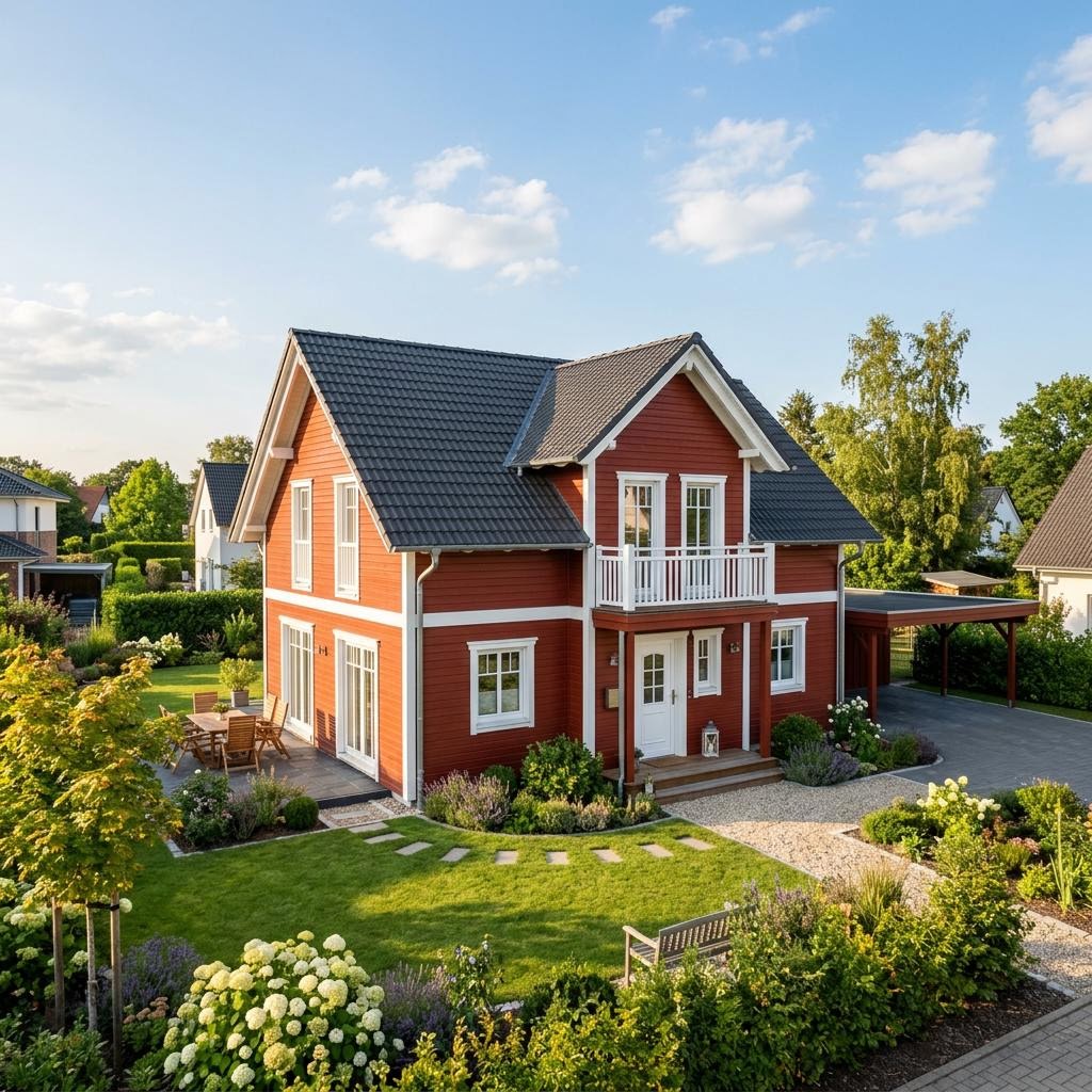 Kompaktes Schwedenhaus Västerås 130 von danhaus mit Holzfassade und Satteldach
