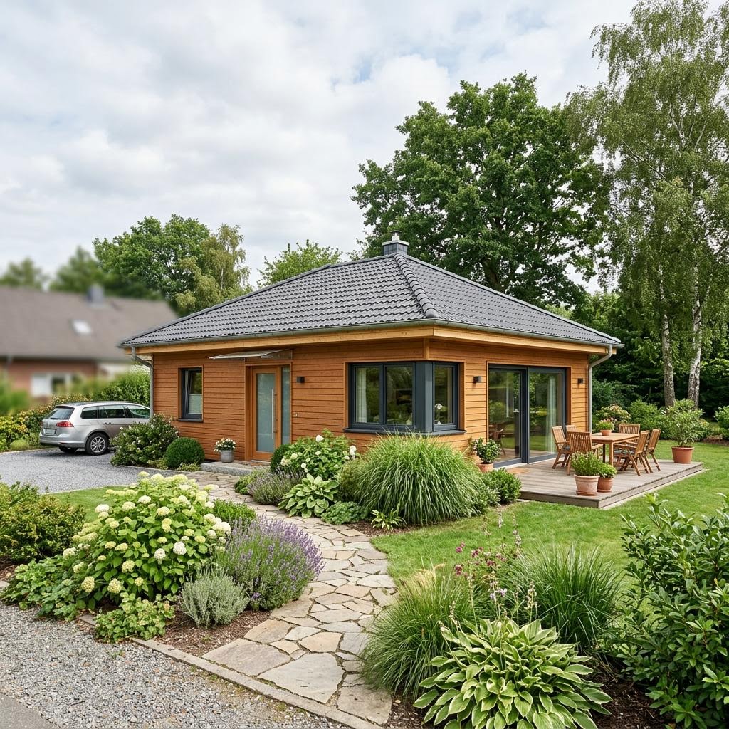 Ferienhaus Solskin 60 von Danhaus Deutschland als nordischer Bungalow mit Walmdach und Photovoltaik